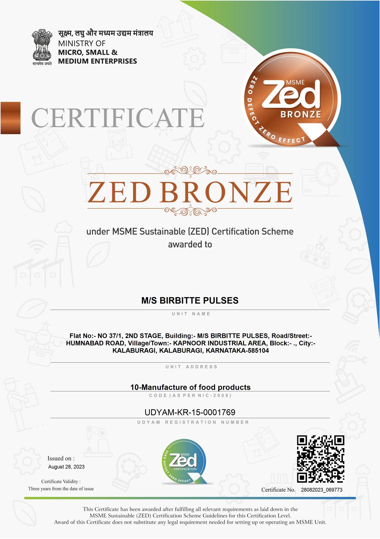 Birbitte Pulses ZED Bronze Certificate